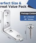 20 Pieces Stainless Steel L Bracket Corner Brace Sets For Wood Shelves 90 Degree Right Angle Brackets With Eighty Screws