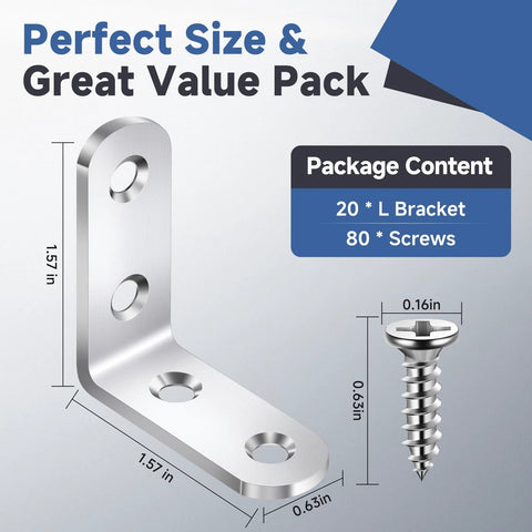20 Pieces Stainless Steel L Bracket Corner Brace Sets For Wood Shelves 90 Degree Right Angle Brackets With Eighty Screws