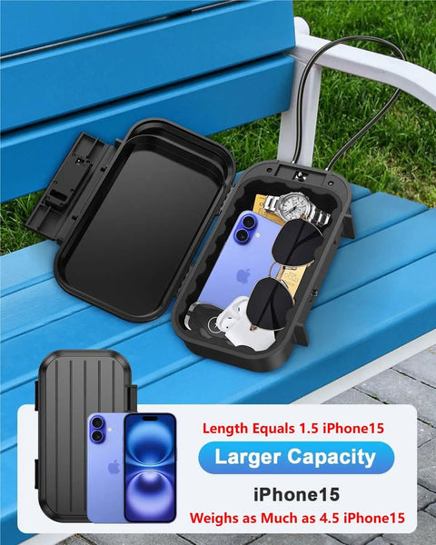 Portable Safe Box With 4 Digit Resettable Combination Lock For Travel On The Go Anti Theft Small Safe on bench with phone and sunglasses