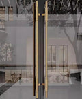Heavy Duty Built Tough Stainless Steel Push Pull Door Handle For Two Sided Front Patio And Barn Doors 39 Point 4 Inches Black Contemporary Pull Bar Easy Install Drill Two Holes With Longer Screws Included DIY Friendly, gold finish on glass door