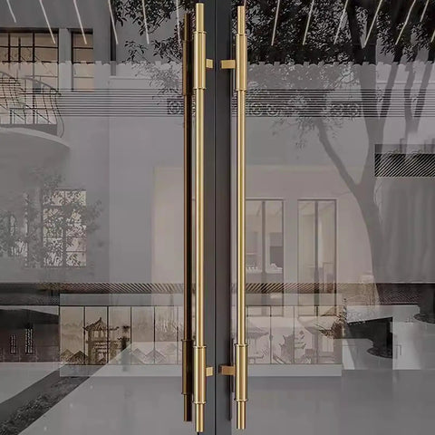 Heavy Duty Built Tough Stainless Steel Push Pull Door Handle For Two Sided Front Patio And Barn Doors 39 Point 4 Inches Black Contemporary Pull Bar Easy Install Drill Two Holes With Longer Screws Included DIY Friendly, gold finish on glass door