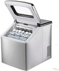 Heavy Duty Countertop Ice Maker With Rapid Freezing And Forty Pounds Daily Output Perfect For Home Bars And Kitchens Compact Stainless Steel design with ice cubes visible.