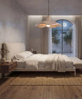 Textured Pendant Light, Cream Aesthetic Hanging Lamp for Kitchen Island illuminating a modern bedroom with neutral decor.