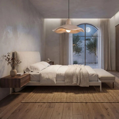 Textured Pendant Light, Cream Aesthetic Hanging Lamp for Kitchen Island illuminating a modern bedroom with neutral decor.