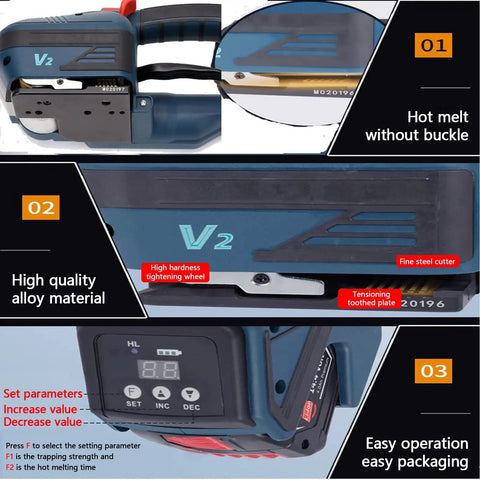 Heavy Duty Electric Strapping Machine For One Half To Five Eighths Inch Pp Pet Strap Battery Powered Automatic Hot Melt Bender Cutter detailed view of alloy material and settings.