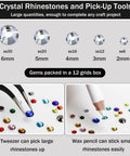 Close-up of rhinestones and tools from Clear Rhinestone Bedazzling Kit with 4000 flatback gems, various sizes and pick-up tools shown