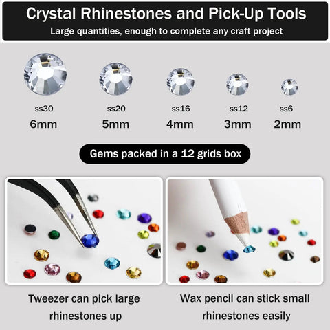 Close-up of rhinestones and tools from Clear Rhinestone Bedazzling Kit with 4000 flatback gems, various sizes and pick-up tools shown