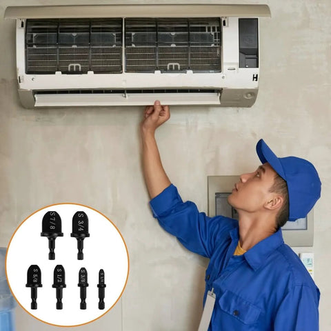 Technician installing air conditioner with Copper Tube Expander Set for HVAC Repair, Handy Manual Swaging Drill Bit Kit for Air Conditioning