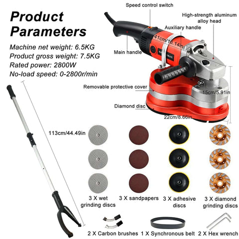 Heavy Duty 3-Head Concrete Grinder 2800W Pro Grade Electric Floor And Wall Polisher With Diamond Grinding Wheel, accessories displayed