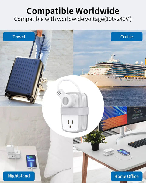 Collage of 2 Pack Travel Power Strip With USB Ports 4 Outlets And 3 USB 4 Ft Short Extension Cord for travel and home office setups