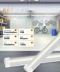 Eight Foot LED Shop Light 90W 12,000 Lumens 5000K V Shape Bulbs for garage, workshop, warehouse plug and play light with specs displayed