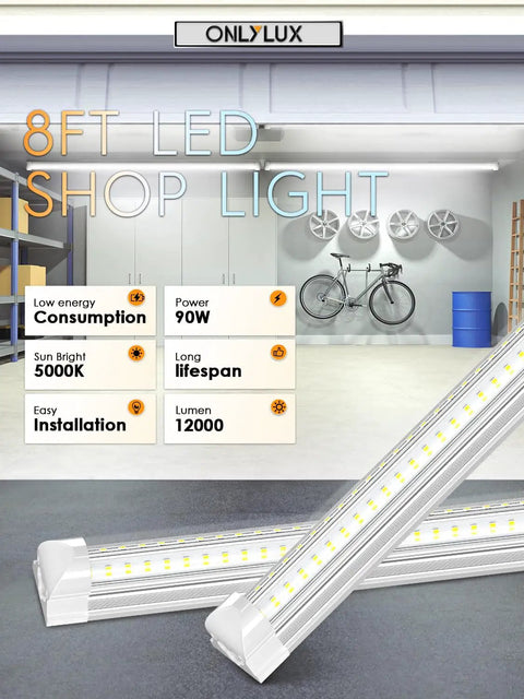 Eight Foot LED Shop Light 90W 12,000 Lumens 5000K V Shape Bulbs for garage, workshop, warehouse plug and play light with specs displayed