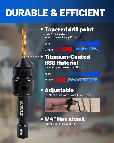 Woodworking Countersink Drill Bit Set For Wood With 14 Pieces Includes Sizes 4 6 8 10 12 Quarter Inch Hex Shank Magnetic Extension Bit Holder And Storage Box 82 Degree Countersink For Quick No Fuss Countersinking And Counterboring, titanium-coated drill bit with tapered point and adjustable hex shank