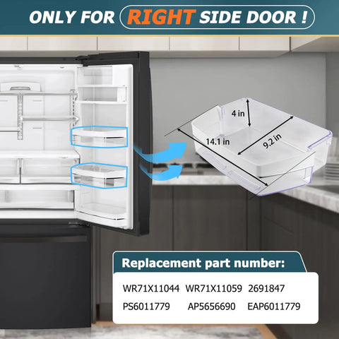 Right Door Fridge Door Bin Replacement Shelf 14 Inches By 9.2 Inches By 4 Inches Fits Fridges Some Models Not All Durable Gallon Shelf Easy Install Replaces Part Numbers Like WR71X11059, shown in kitchen setting with open fridge and dimensions overlay.