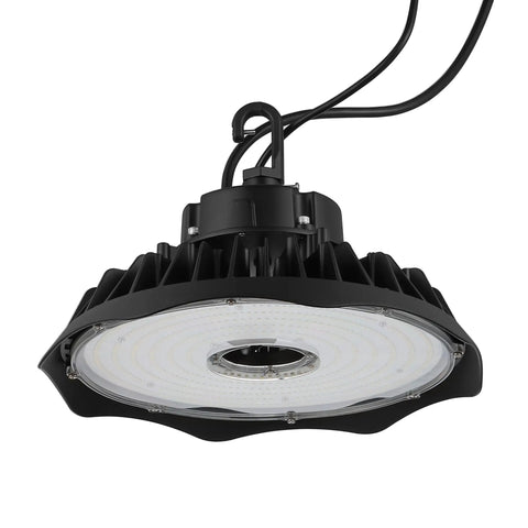 Heavy Duty 200W Led High Bay Shop Light With Motion Sensor, Kickin 26000 Lumens Dimmable Fixture, Slick Ufo Design, Dang Bright 5000K White Glow, Straight Up Black Finish For Warehouses hanging from ceiling