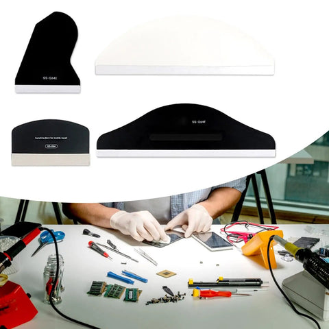 Badass Silicone Screen Protector Scraper For Phone Tablet Laptop Film Application Smooth Glide Anti Scratch Applicator With Comfort Grip Hella Easy Precision Install Tool For Techs, set of four scrapers on a repair table.