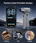 Compact Ultra Powerful 280000 RPM Electric Air Duster compared to phone, fits in drawer, car, pocket for versatile cleaning.