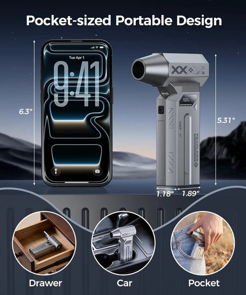 Compact Ultra Powerful 280000 RPM Electric Air Duster compared to phone, fits in drawer, car, pocket for versatile cleaning.