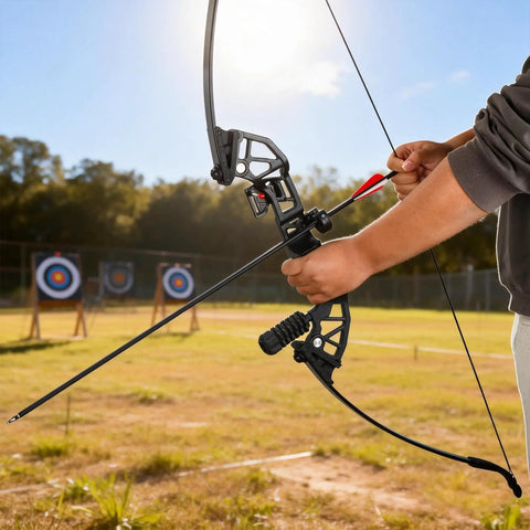 Archer using 30 Inch Carbon Arrow Set With Removable Tips, 14 Pcs, Spine 500, 100 Grain Broadheads at outdoor target practice