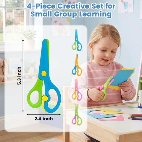Toddler using the Toddler Safety Scissors 4-Piece Set With Blunt Tips For Preschoolers, Kid-Friendly, in a classroom setting