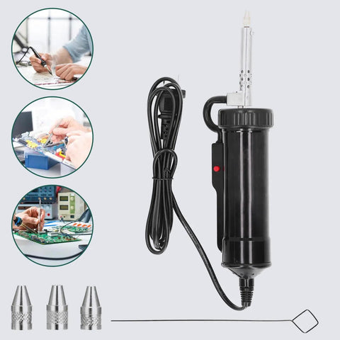 Electric Desoldering Gun Go-To Automatic Solder Sucker, black body, power cord, 3 soldering tips, 110V 30W high suction tool.