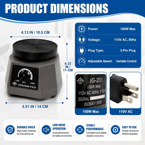 Beast Power 100W Lab Vibrator With Easy Stepless Knob dimensions and specifications, 110V AC, 3-pin plug