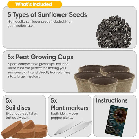 All-In-One Sunflower Garden Kit For Beginners Grow Five Colorful Varieties Like Teddy Bear Lemon Queen Red Velvet Queen Chocolate Cherry And Black Oil Sunflowers Awesome Gift Seed Variety Pack Easy Start includes sunflower seeds, peat cups, soil discs, plant markers, and instructions.