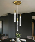 Modern Minimalist Gold Pendant Light Fixture For Kitchen Island Dimmable LED Crystal 3-Light Chandelier With Bubble Crystal Column