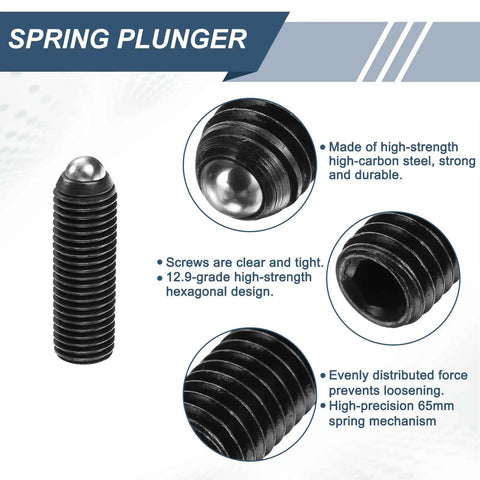 Two Pack M16 X 50mm Hex Socket Spring Loaded Plunger Ball High Carbon Steel Heavy Duty Grip Pin Black Finish For Pneumatic Air Tools And Home Mech Projects Rock Solid Core Unbeatable Daily Value close-up view of spring plunger showing hexagonal design and ball tip.