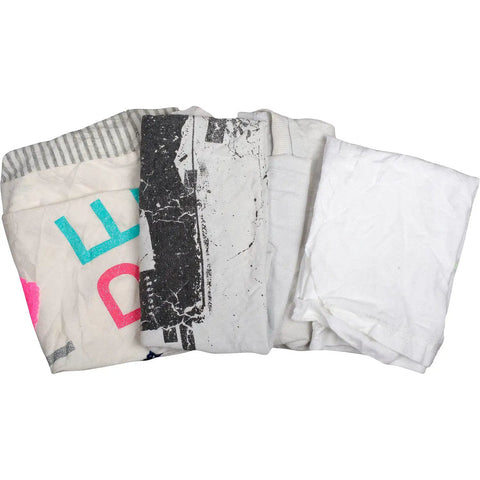 Various recycled white cut rags in 25 lb box for all purpose heavy duty wipers polishing dusting and cleaning jobs made from assorted knits