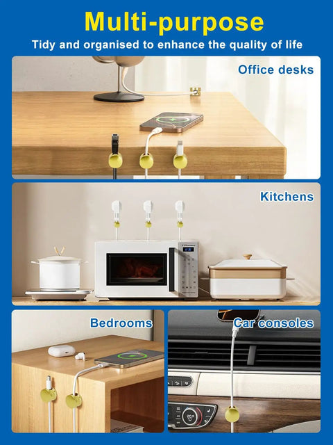 Three Pack Upgraded Cord Management Clips With Extra Large Adhesive Base For Desk And Nightstand No Slip Grip shown in various uses.