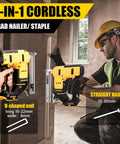 Kick The Driveway Trip And Load Up This Heavy Duty Cordless Brad Naler Plus Staple Gun With Two Thousand Nails For Fine Woodwork And Weekend Warrior Projects Featuring Rock Solid Safety Switch in use with a worker.