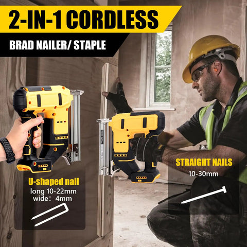 Kick The Driveway Trip And Load Up This Heavy Duty Cordless Brad Naler Plus Staple Gun With Two Thousand Nails For Fine Woodwork And Weekend Warrior Projects Featuring Rock Solid Safety Switch in use with a worker.