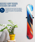 Heavy Duty Snowboard Wall Mount With Slick Pu Rubber Grip To Hold Your Boards Tight For Zero Fuss Garage Storage Compatible With Skis And Decks For Quick Year Round Organization, showcasing a colorful snowboard as wall art.