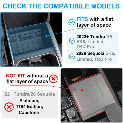 Model compatibility of Toyota Tundra And Sequoia Hidden Center Console Organizer With Press Open Secret Compartment displayed.