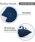 Close-up of Coastal Navy Throw Pillow Cover 20x20 With White Embroidered Greek Key Frame showcasing water repellent feature and invisible zipper closure.
