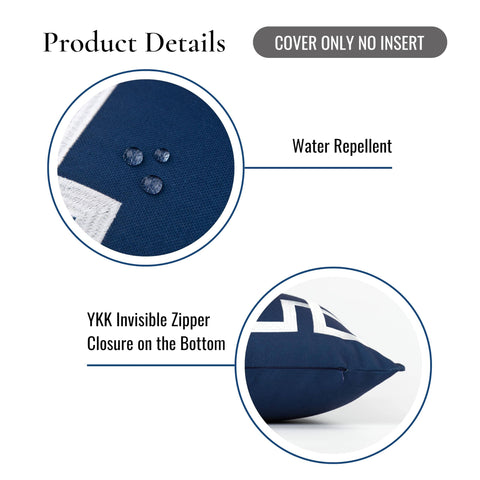 Close-up of Coastal Navy Throw Pillow Cover 20x20 With White Embroidered Greek Key Frame showcasing water repellent feature and invisible zipper closure.