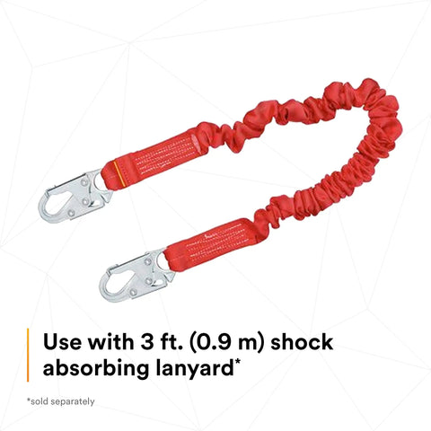 Red shock-absorbing lanyard with carabiners for use with Protecta Rope Grab For 5/8-Inch Polyester And Polypropylene Lifeline.