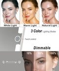 Rechargeable Travel Makeup Mirror With Light showing 3 color dimmable LED modes: white, warm, natural.
