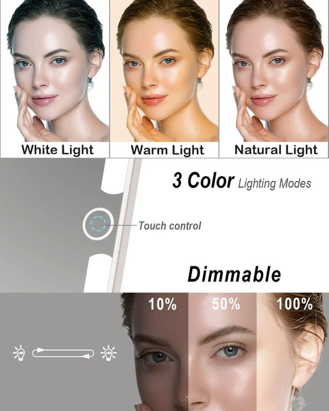Rechargeable Travel Makeup Mirror With Light showing 3 color dimmable LED modes: white, warm, natural.