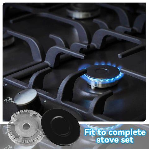 Stove burner with blue flame, featuring the 4 Cooker Hat Set For Oven And Gas Hob Burner Caps Crown Flame Covers Metal Stove Burner Knobs Replacement Kit With 3 Sizes For Kitchen Handles And Lids Durable Easy Fit Great For Daily Replacements.
