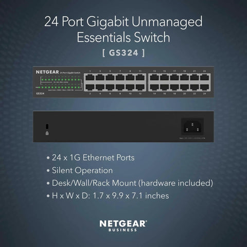 24 Port Gigabit Ethernet Unmanaged Essentials Switch GS324 Plug And Play Desktop Wall Or Rackmount Mounting Included Energy Efficient Silent Operation front and back view