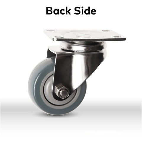 Back view of heavy duty swivel caster with stainless steel and polyurethane wheel for 250 lbs capacity.