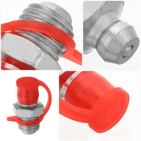 Twenty Pieces Of Grease Fitting Tips Replacement Straight Nozzle Kit For Your Ride Perfect For Quick Fixes And Making Maintenance Super Easy When You Need Some Serious Vehicle Repair Parts To Keep Things Rolling Smooth Like A Charm. red cap on metal grease fitting tip, iron and rubber