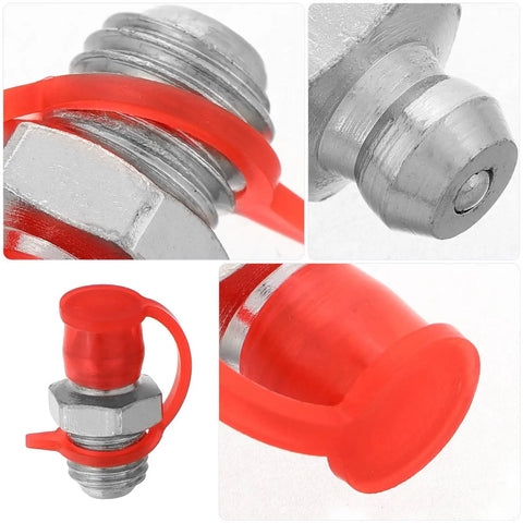 Premium 20 Piece Grease Fitting Kit With Straight Nozzle Tips And Rubber Caps For Tough Auto Maintenance, Precision Zerk Tools That Make Car Care Simple And Smooth For All Your Vehicle Repair Needs. Close-up red rubber cap on metal zerk fitting