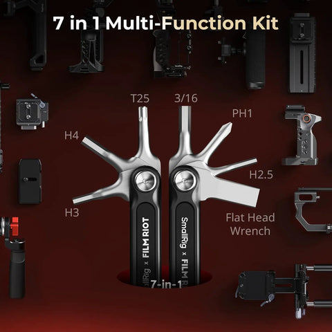 7 In 1 Folding Tool Set With Screwdrivers And Hex Key Wrenches For Film And Photo Gear shown with camera rig components