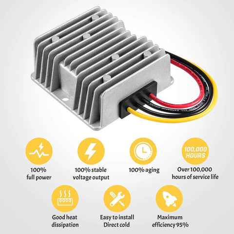 DC To DC 24V Down Converter To 12V Regulator 20A 240W with IP68 housing, shown with efficiency and durability features