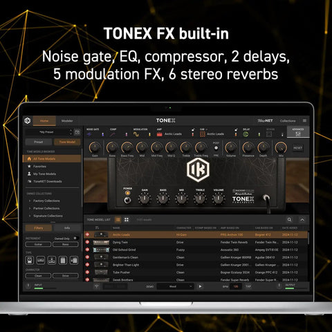 Laptop screen displaying Tonex One AI MultiFX Micro Pedal interface with tone controls and presets, featuring noise gate and effects.