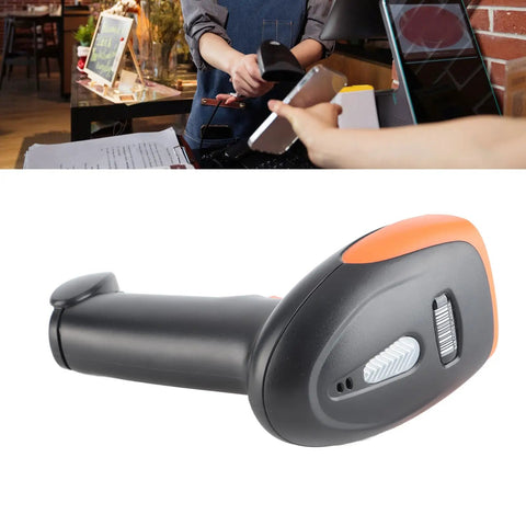 Fast Decode Barcode Scanner with Rebound Button Handheld QR Reader used in a store setting for quick data entry