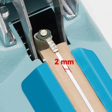 Close-up of Heavy Duty 12 Inch Bag Sealer with 2mm Seal Width Iron Impulse Heat Sealer, showing sealing surface and measurement.